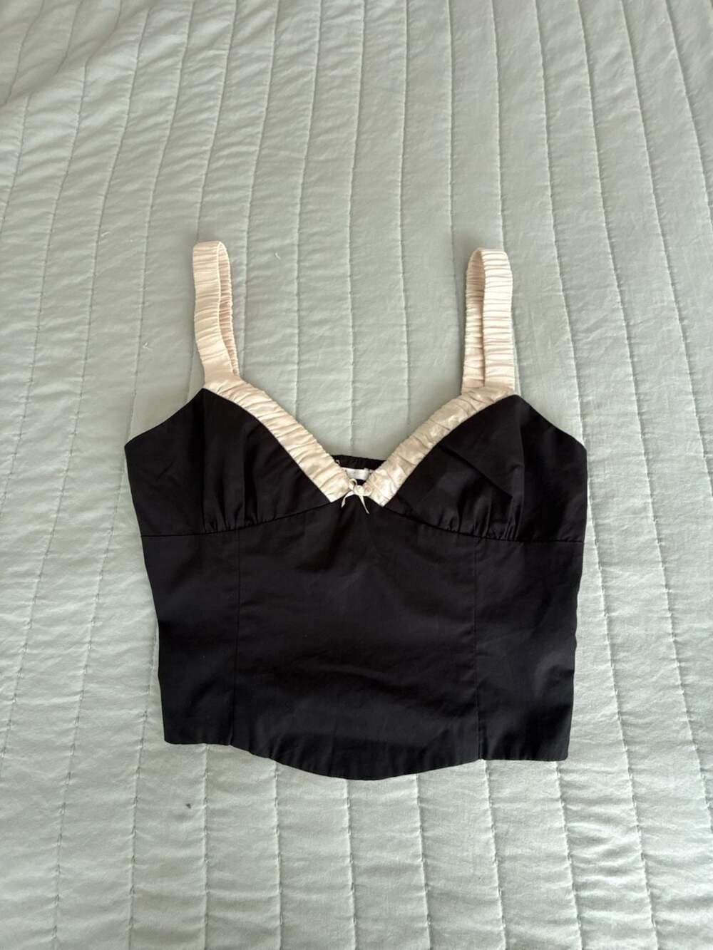 NIA Tank Top Size S Black Cream Satin Trim Bow Crop Cami